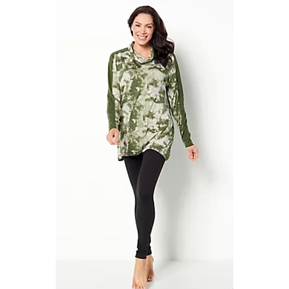 CAROLE HOCHMAN FEATHER SOFT COWL NECK TUNIC 3X/4X TIE DYE FALL GREEN RIBBED SLV